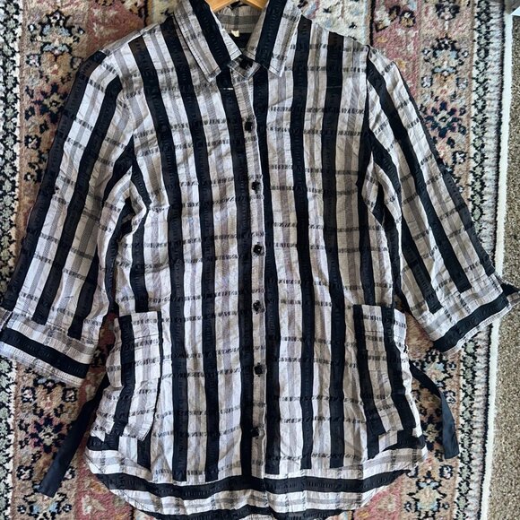 Womens Collar Shirt Black & White Stripes Button Up Long Sleeve W/Pockets SZ 8 - Picture 4 of 8